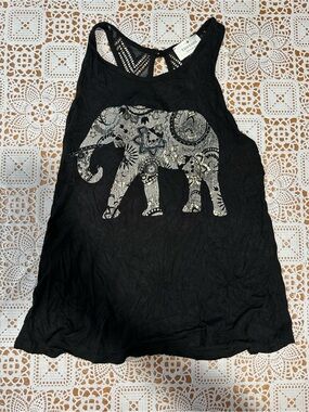 Threads Studio Black Elephant Graphic Crochet Back Tank Top Women’s Small